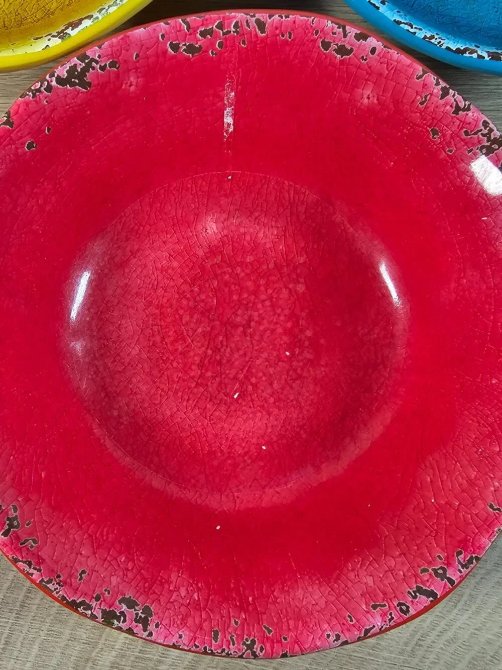 Pier 1 Imports Carmelo Soup Cereal Bowl Set of 3 Melamine Red Blue Yellow Rustic